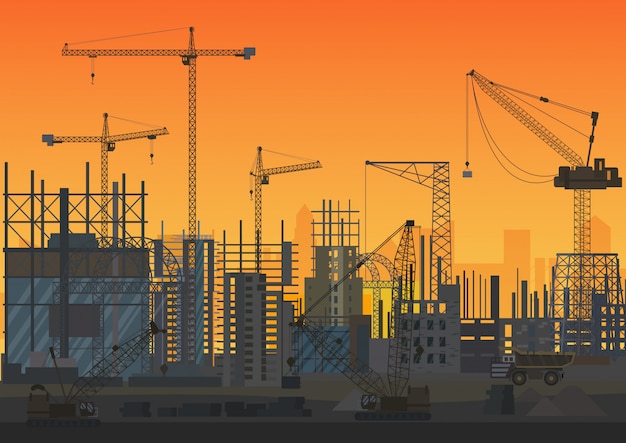 Construction Skyline sous illustration de silhouette coucher de soleil construction.