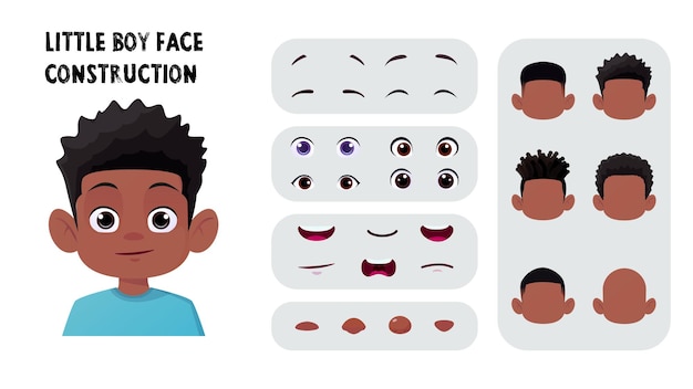 Vecteur construire le visage d'un garçon de dessins animés noir créateur d'avatar pour enfants avec des cheveux afro, des yeux et une bouche premium vector