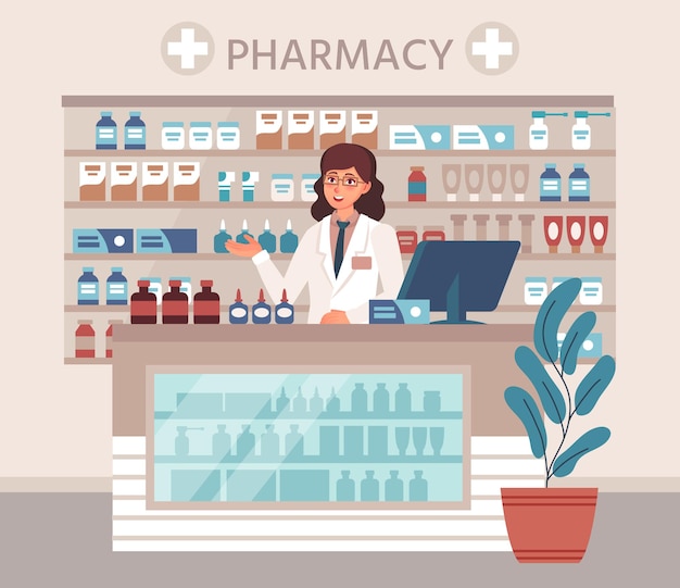 Consultant pharmaceutique derrière le comptoir en pharmacie, étagères avec médicaments