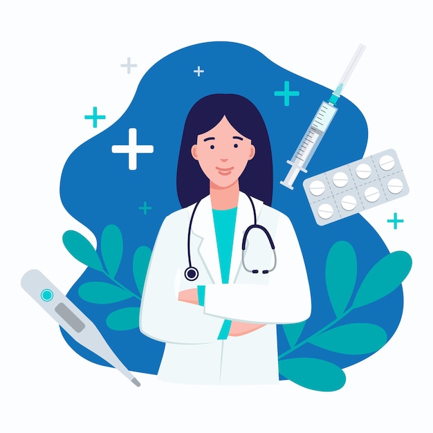 Consultation médicale, accompagnement. Journée nationale des femmes médecins. Illustration vectorielle, affiche bannière