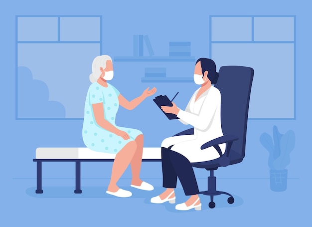 Consultation médicale illustration vectorielle de couleur plate. Psychothérapie pour les personnes âgées. Patient âgé visitant un conseiller gériatrique personnages de dessins animés 2D avec salle de consultation en arrière-plan