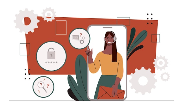 Vecteur consultation et réponses aux questions de l'assistante conceptuelle du service à la clientèle à l'écran du smartphone