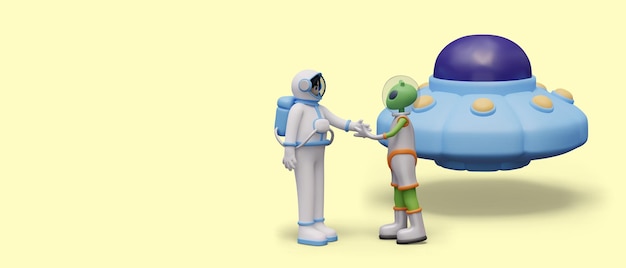 Contact avec des extraterrestres un astronaute en combinaison spatiale serre la main d'un humanoïde vert