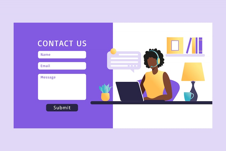 Vecteur contactez-nous modèle de formulaire pour le web. agent de service client femme africaine avec casque parler avec le client. page de destination. support client en ligne. illustration.