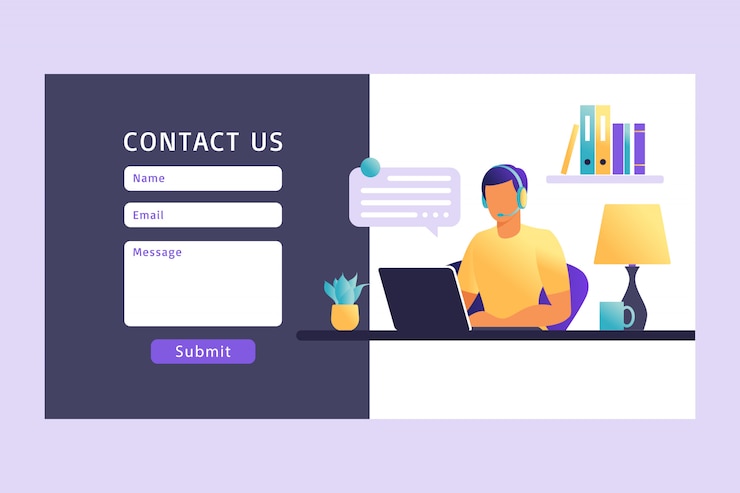 Vecteur contactez-nous modèle de formulaire pour le web. agent de service client masculin avec casque parler avec le client. page de destination. support client en ligne. illustration.