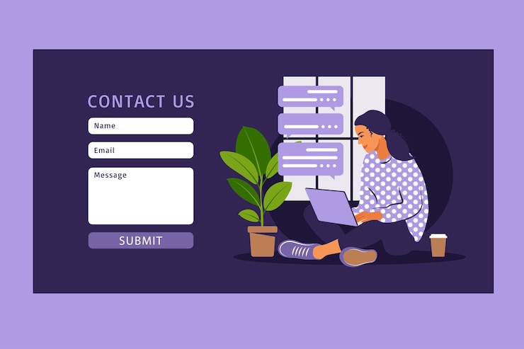 Vecteur contactez-nous modèle de formulaire pour le web et la page de destination. clientèle féminine parlant avec le client. support client en ligne, concept de service d'assistance et centre d'appels.