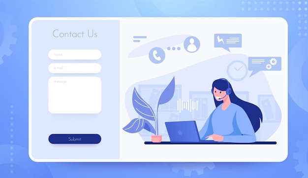 Contactez-nous page d'accueil Interface du site Web d'assistance à la clientèle Boîte aux lettres pour l'envoi de messages Web au service d'assistance Modèle de formulaire d'assistance en ligne Communication vectorielle du client avec le consultant