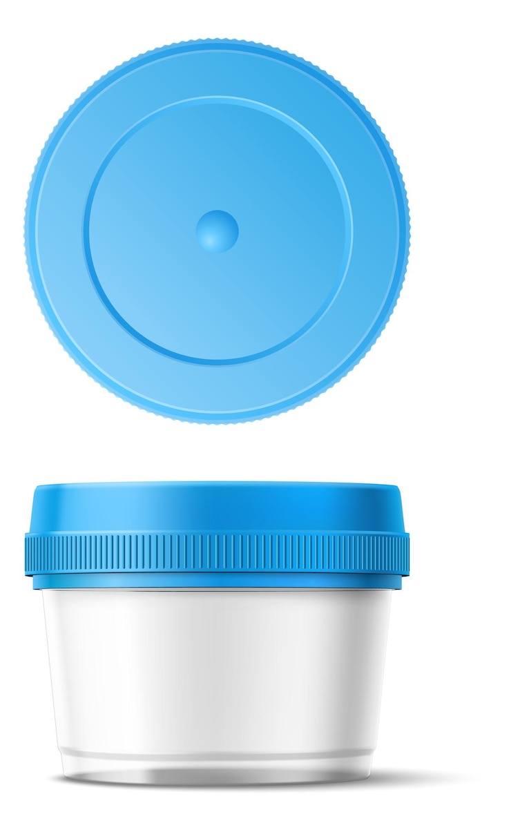 Vecteur container alimentaire transparent boîte de produit en plastique réaliste avec bouchon bleu modèle d'emballage de stockage de repas à domicile jar de cuisine vue supérieure et latérale emballage de collations vector emballage réutilisable vide