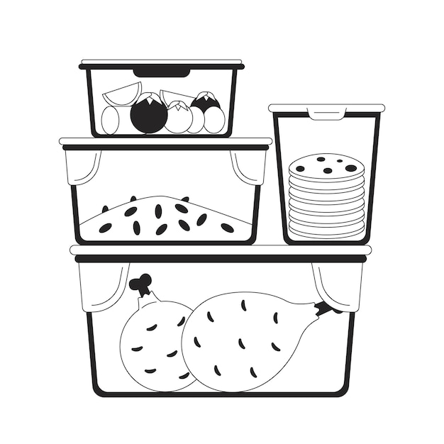 Containers De Préparation Des Repas En Plastique En Noir Et Blanc Objet De Dessin Animé En Ligne 2d