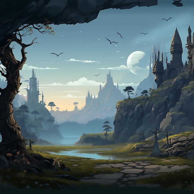 Vecteur conte de fées peinture de jungle rêve magique terre fantastique chemin panorama jeu graphique scène fantastique mur