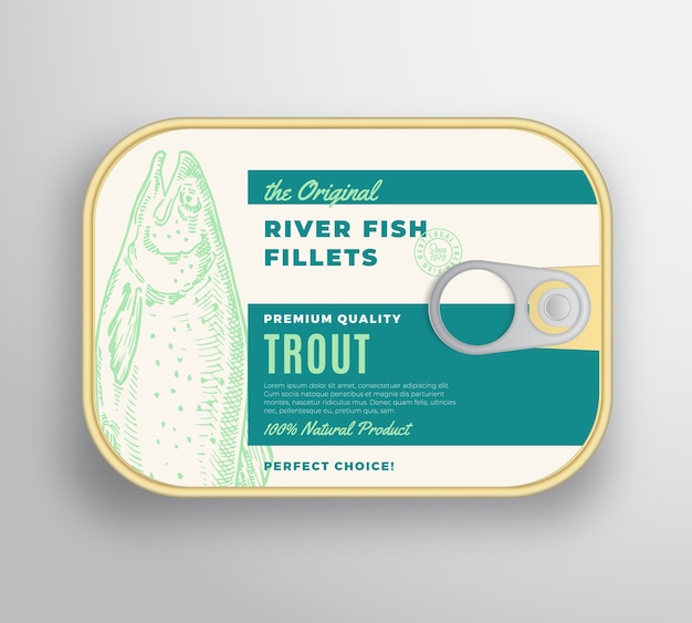 Conteneur En Aluminium De Filets De Poisson De Rivière Abstraite Avec Couvercle D'étiquette.