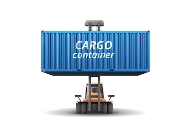 Conteneur de fret bleu transporté par chariot élévateur vue de face illustration vectorielle réaliste