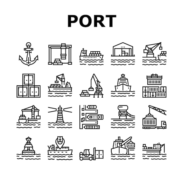 Conteneur Port Tool Collection Icons Set Vector