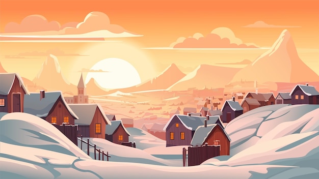 Vecteur contexte collines et maisons couvertes de neige les maisons rurales couvertes de neige sont représentées sur les collines