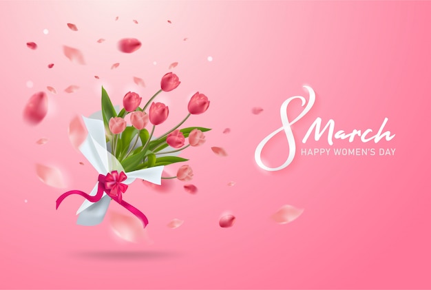Contexte du 8 mars. Journée internationale de la femme heureuse. Bouquet de fleurs de tulipe réaliste.