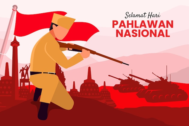 Contexte De La Journée Des Héros De Pahlawan Avec Un Soldat Tenant Une Arme