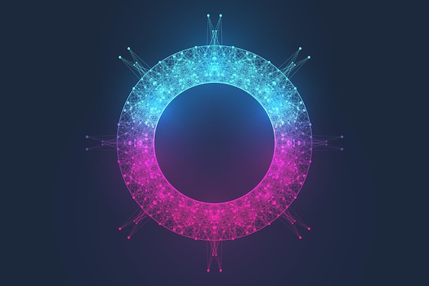 Contexte scientifique abstrait avec des particules dynamiques, écoulement des vagues. Visualisation des données 3D avec des éléments fractals. Style cyberpunk. Illustration vectorielle numérique