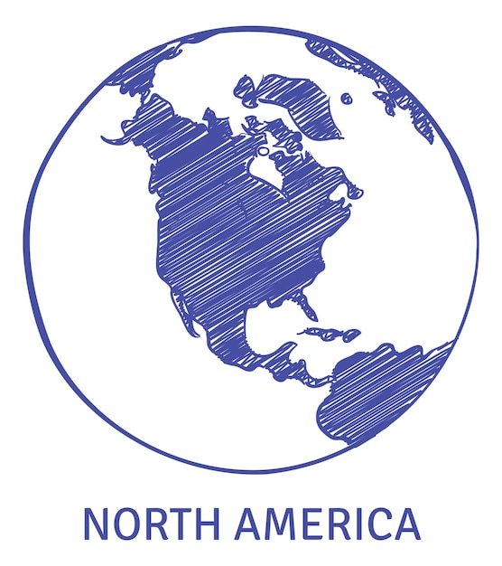 Vecteur continent de l'amérique du nord sur la carte de la planète terre. croquis dessiné main isolé sur fond blanc