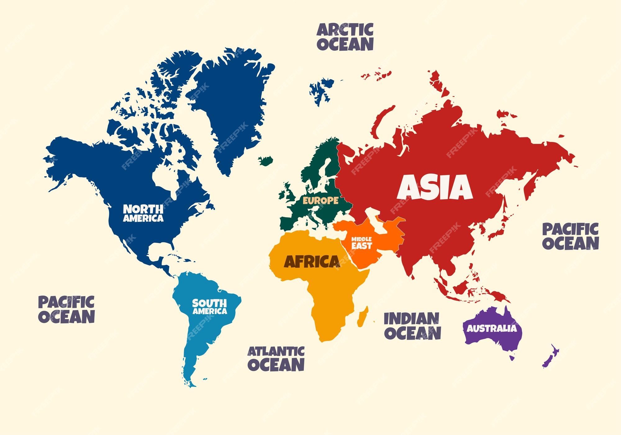 Carte Continents Et Océans Continents Et Océans De Carte Du Monde Coloré Simple | Vecteur Premium