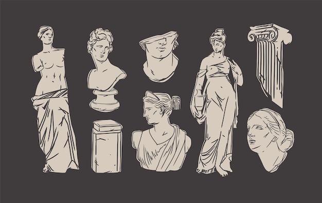 Contour abstrait vectoriel dessiné à la maingraphicline grec sculpture antique statue dessin au trait ensemble de dessin moderneStatues classiques antiques dans le style de ligne à la modeconcept de conception de contourConception de statue antique