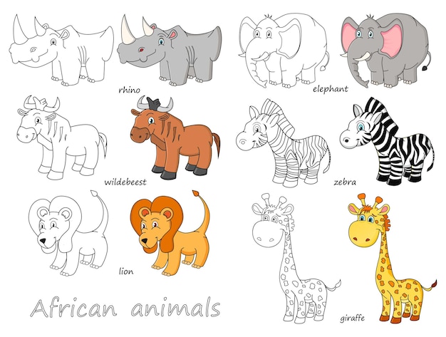 Contour D'animaux Africains De Dessin Animé Et Illustration Vectorielle Colorée