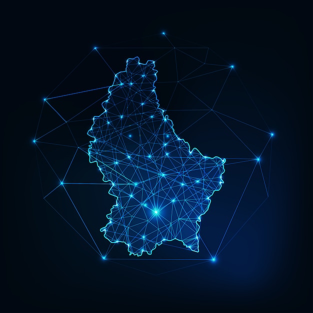 Contour De Carte De Luxembourg Avec Cadre Abstrait étoiles Et Lignes. Communication, Concept De Connexion.