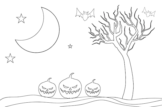 Contour Dessiné à La Main Fantôme D'arbre Chassé Halloween Thème Paysage Coloriage Page Pépinière Enfant Dessin