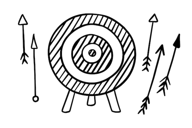 Vecteur contour doodle cible dessinée à la main avec l'icône de la ligne de flèche noire