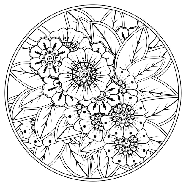 Contour De Motif De Fleurs Carrées Dans Le Style Mehndi Pour L'ornement De Griffonnage De Page De Livre De Coloriage