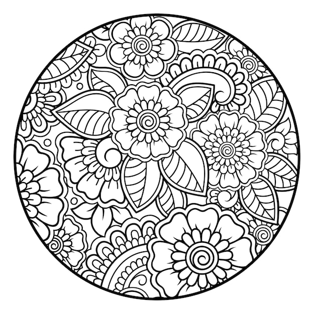 Contour Motif De Fleurs Rondes Dans Le Style Mehndi Pour La Page à Colorier.doodle Ornement En Noir Et Blanc. Illustration De Dessin à La Main.