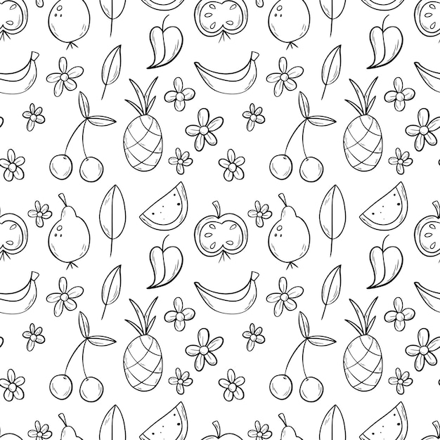 Contour Noir Doodle Modèle Sans Couture De Fruits Avec Ananas Pomme Poire Pastèque Banane Cerise