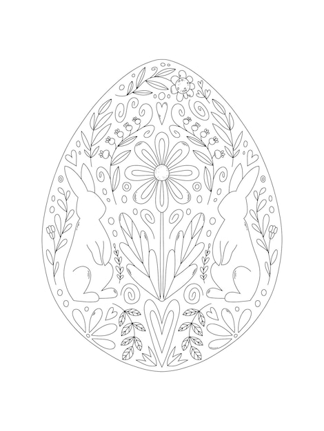Contour noir lapins et fleurs dans l'illustration rustique scandinave d'oeuf de pâques pour la page de coloration