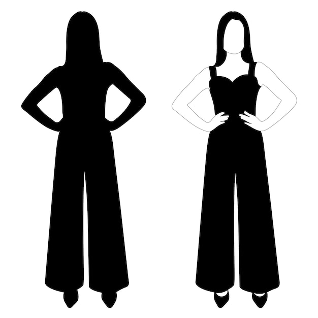Le Contour D'une Silhouette Noire Et Blanche D'une Fille élégante Et Mince Dans Un Costume à La Mode Debout