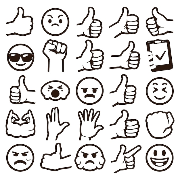 Contour Tous Les Emojis à La Main Autocollants Dans Toutes Les Couleurs De Peau Les émoticônes à La Main Ensemble De Symboles D'illustration Vectoriels