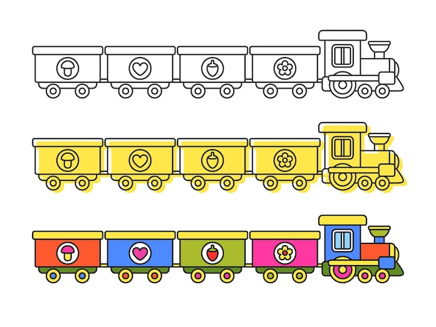 Vecteur contour et train de jouet coloré pour livre de coloriage pour enfants illustrations vectorielles isolées