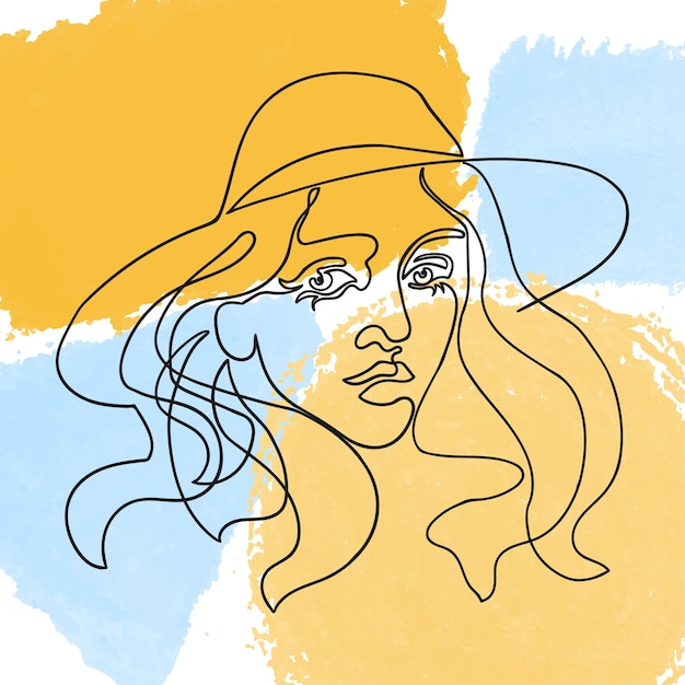 Contour vectoriel illustration colorée de femme au chapeau Un dessin au trait sur fond de peinture abstraite