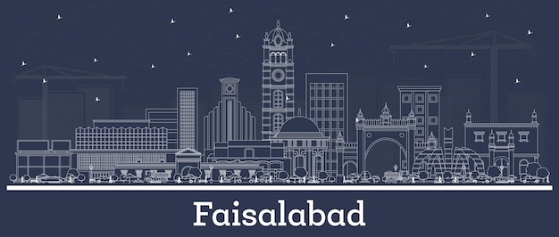 Contour de la ville de Faisalabad au Pakistan avec des bâtiments blancs Illustration vectorielle Concept de voyage d'affaires et de tourisme avec une architecture historique Paysage urbain de Faisalabad avec des points de repère