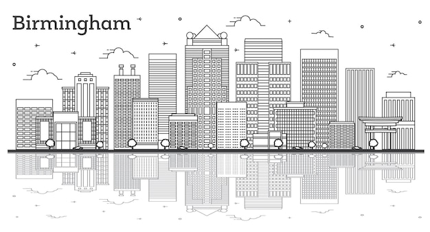 Contours Birmingham Alabama City Skyline avec des bâtiments modernes et des réflexions isolées sur blanc