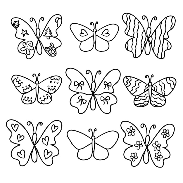 Des contours de papillons dessinés à la main pour enfants, des livres à colorier, des animaux, des zoos, des boutiques de souvenirs, des peintures imprimées.