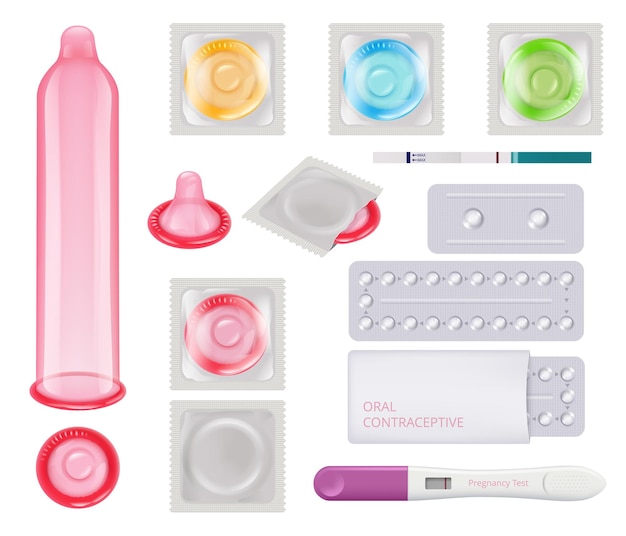 Contraceptif. Préservatifs Féminins Test De Grossesse Ovulation Calendrier Pilules Méthodes De Contraception Images Réalistes.