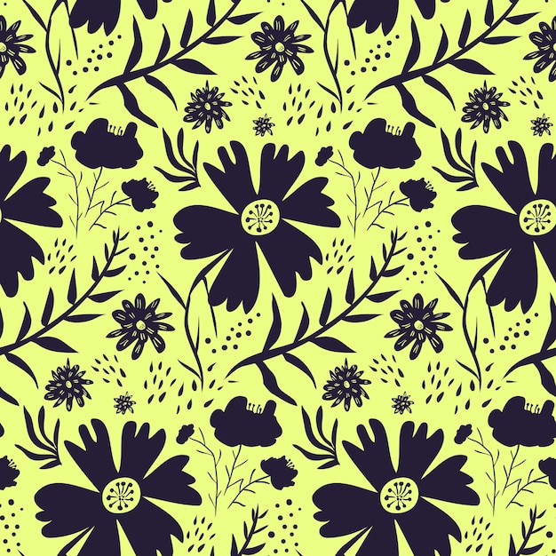 Vecteur contraste monochrome lumineux motif floral jaune et noir sans couture texture de dessin animé mignon avec des silhouettes de fleurs laisse des gouttes d'eau pour la surface de conception d'impression de papier d'emballage textile