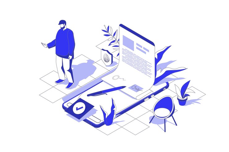 Contrat électronique 3d concept isométrique dans la conception graphique d'isométrie pour le web Scène de personnes avec un homme d'affaires utilisant la signature numérique pour signer un document vérifier un accord d'affaires Illustration vectorielle