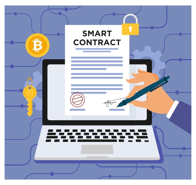 Vecteur contrat numérique smart contract au design plat