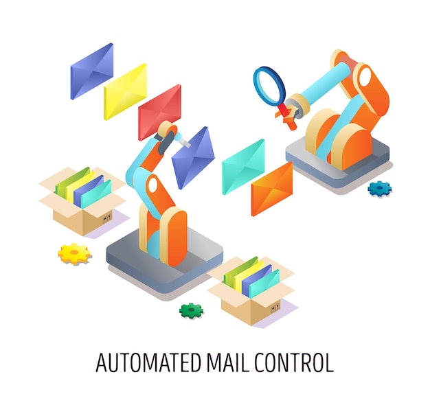 Contrôle Automatisé Des E-mails, Illustration Isométrique Vectorielle. Réception, Tri Et Envoi Du Courrier. Règles De Messagerie Automatisées, Concept De Gestion Des E-mails Pour Bannière Web, Page De Site Web, Etc.