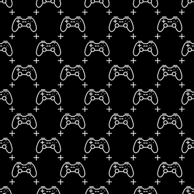 Contrôleur de jeu vidéo sans fil vectoriel Gamepad motif sans couture noir dans le style contour