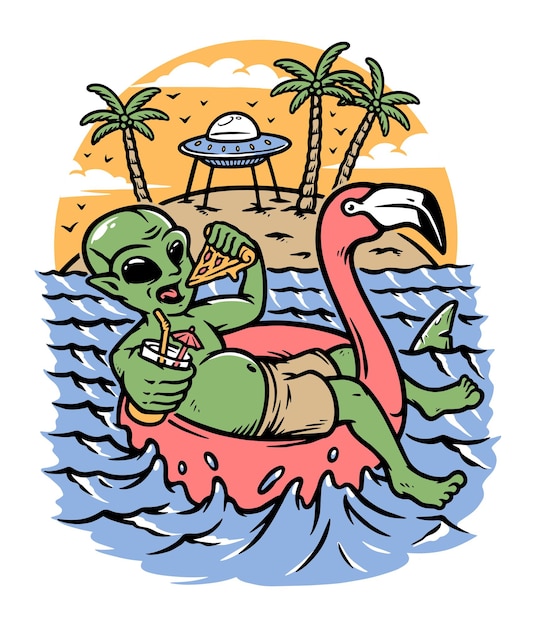 cool alien chilling at beach illustration