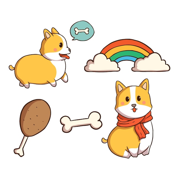 Coolection De Chien Corgi Kawaii Avec Un Style De Griffonnage Coloré