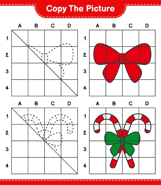 Copiez L'image, Copiez L'image De Candy Canes Avec Ruban En Utilisant Des Lignes De Quadrillage. Jeu éducatif Pour Enfants, Feuille De Travail Imprimable