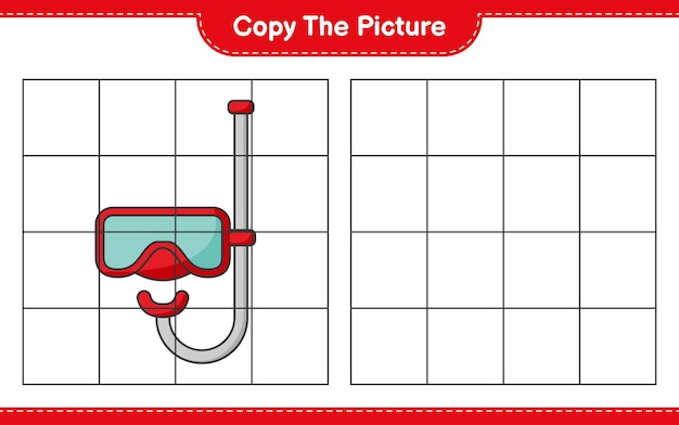 Copiez L'image, Copiez L'image Du Masque De Plongée Sous-marine En Utilisant Des Lignes De Grille. Jeu éducatif Pour Enfants, Feuille De Calcul Imprimable, Illustration Vectorielle