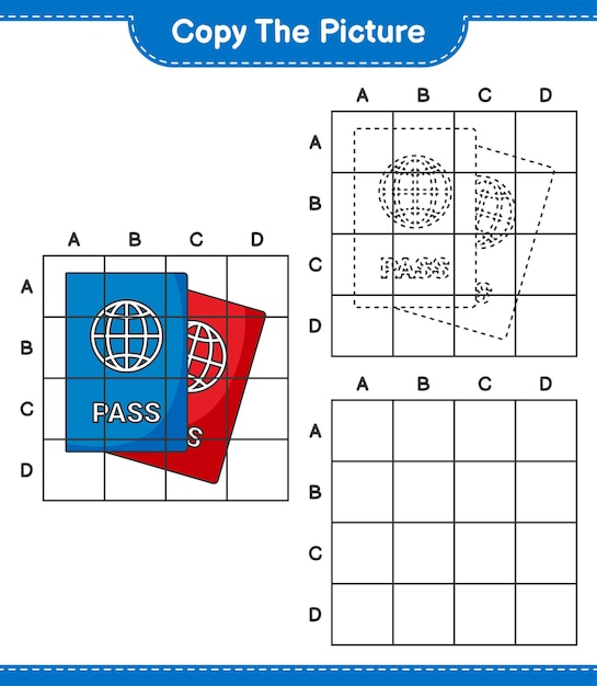 Copiez L'image, Copiez L'image Du Passeport En Utilisant Des Lignes De Quadrillage. Jeu éducatif Pour Enfants, Feuille De Calcul Imprimable, Illustration Vectorielle